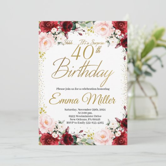 Bourgogne Bloemen en Goud Verrassing 40e Verjaarda Kaart (Staand voorkant)