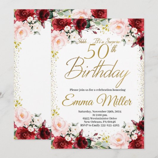 Bourgogne Bloemen en Goud Verrassing 50e Verjaarda Kaart (Voorkant / Achterkant)