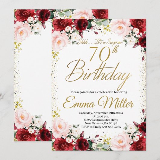 Bourgogne Bloemen en Goud Verrassing 70e Verjaarda Kaart (Voorkant / Achterkant)