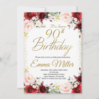 Bourgogne Bloemen en Goud Verrassing 90e Verjaarda Kaart
