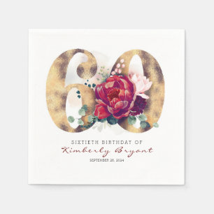 Bourgogne Bloemen en Gouden Typografie 60e Verjaar Servet