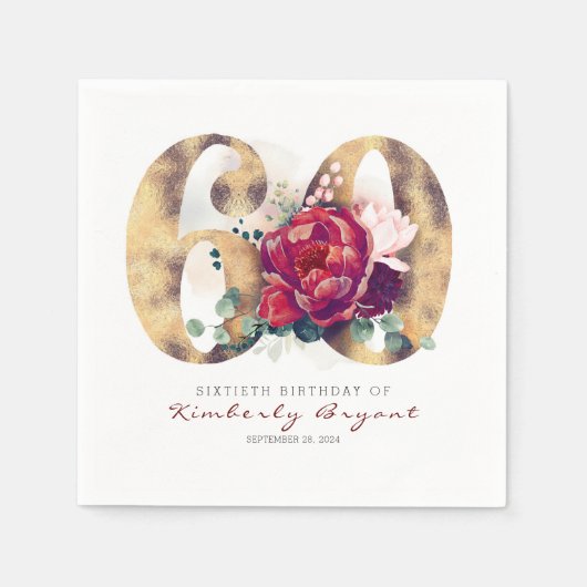Bourgogne Bloemen en Gouden Typografie 60e Verjaar Servet (Voorkant)