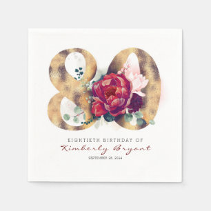 Bourgogne Bloemen en Gouden Typografie 80e Verjaar Servet