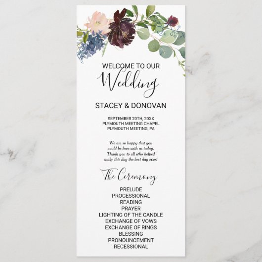 Bourgogne Bloemen en groen bruiloft programma Programmakaart (Voorkant)