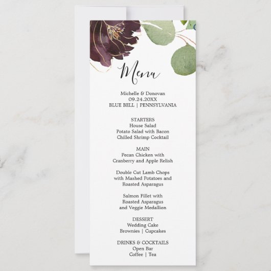 Bourgogne Bloemen en Groen Diner Menu Kaart (Voorkant)