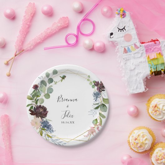 Bourgogne Bloemen en groen Trouwtaart Papieren Bordje (Feest)