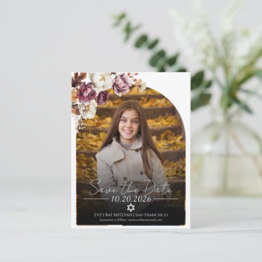 Bourgogne Bloemen Foto Bat Mitswa Save the Date Briefkaart (Staand voorkant)