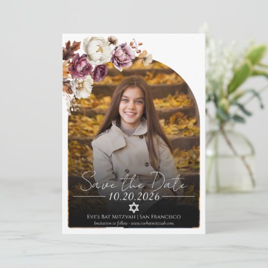 Bourgogne Bloemen Foto Bat Mitswa Save the Date Kaart (Staand voorkant)