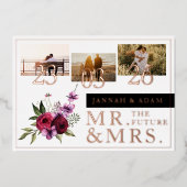 Bourgogne Bloemen Foto Bruiloft Mr en Mrs Roos Folie Uitnodiging (Voorkant)