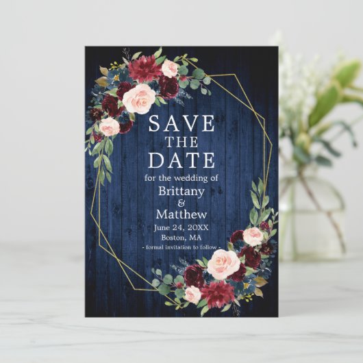 Bourgogne Bloemen Foto Geo Lijst Blauw Hout Save The Date (Staand voorkant)