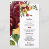 Bourgogne Bloemen Geel Zonnebloemen Bruiloft Menu (Voorkant / Achterkant)