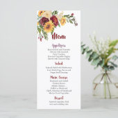 Bourgogne Bloemen Geel Zonnebloemen Bruiloft Menu (Staand voorkant)
