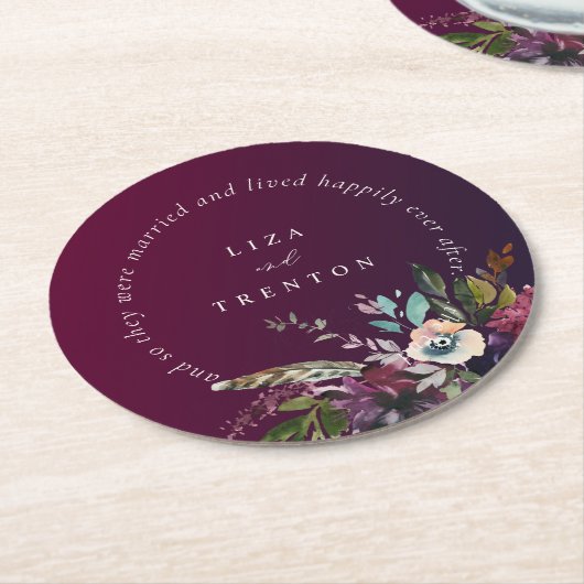 Bourgogne Bloemen Gelukkig Altijd Na Quote Trouwen Ronde Kartonnen Onderzetter (Gebogen)