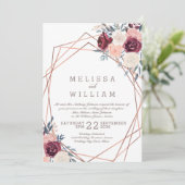 Bourgogne Bloemen Geometrisch Koper Ivoor Bruiloft Kaart (Staand voorkant)