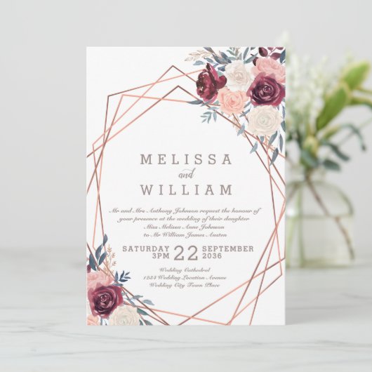 Bourgogne Bloemen Geometrisch Koper Ivoor Bruiloft Kaart (Staand voorkant)