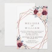 Bourgogne Bloemen Geometrisch Koper Ivoor Bruiloft Kaart (Voorkant / Achterkant)