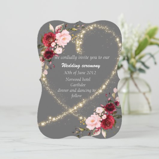 Bourgogne Bloemen & Glitter Hart, Uitnodiging voor (Staand voorkant)