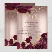Bourgogne Bloemen Glitter Roos Gold 30thBirthday Kaart (Voorkant / Achterkant)