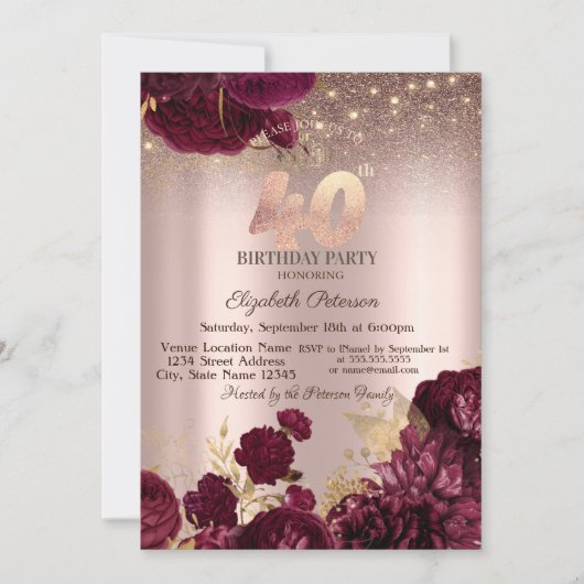Bourgogne Bloemen Glitter Roos Gold 40thBirthday Kaart (Voorkant)