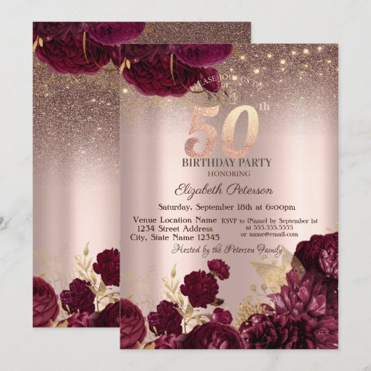Bourgogne Bloemen Glitter Roos Gold 50thBirthday Kaart (Voorkant / Achterkant)