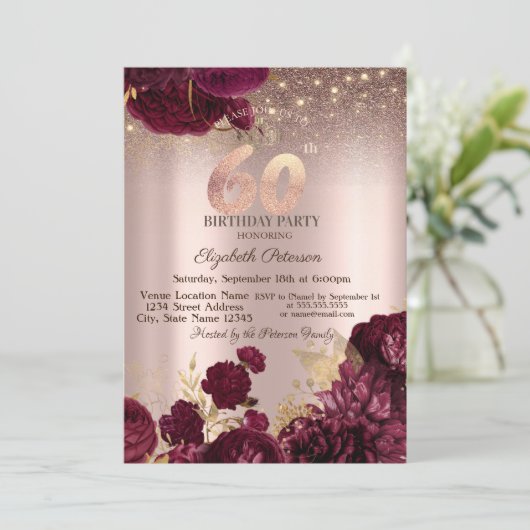 Bourgogne Bloemen Glitter Roos Goud 60thBirthday Kaart (Staand voorkant)