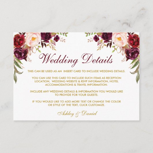Bourgogne Bloemen Goud Bruiloft Details invoegen K Informatiekaartje (Voorkant)