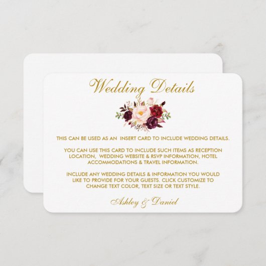 Bourgogne Bloemen Goud Bruiloft Details invoegen K Informatiekaartje (Voorkant / Achterkant)
