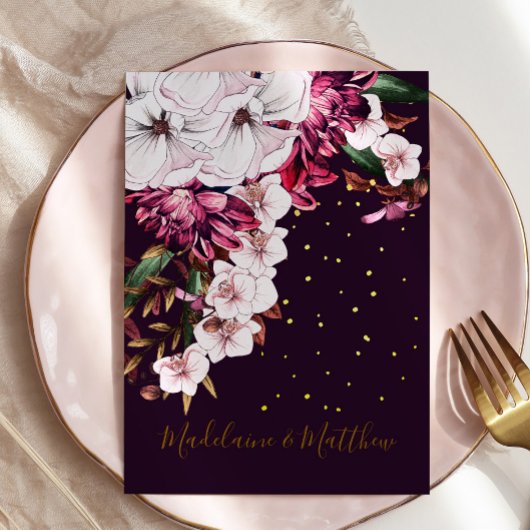 Bourgogne Bloemen Goud Elegant Chique Bruiloft Kaart