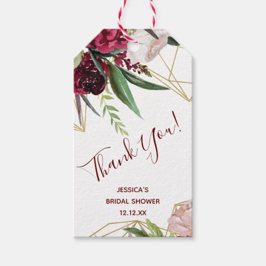 Bourgogne Bloemen Goud Geometrisch Bedankt Cadeaulabel (Voorkant)