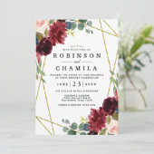 Bourgogne Bloemen Goud Geometrisch Groen Bruiloft Kaart (Staand voorkant)