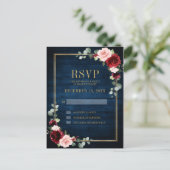Bourgogne Bloemen Goud Lijst Navy Blauw Bruiloft Briefkaart (Staand voorkant)