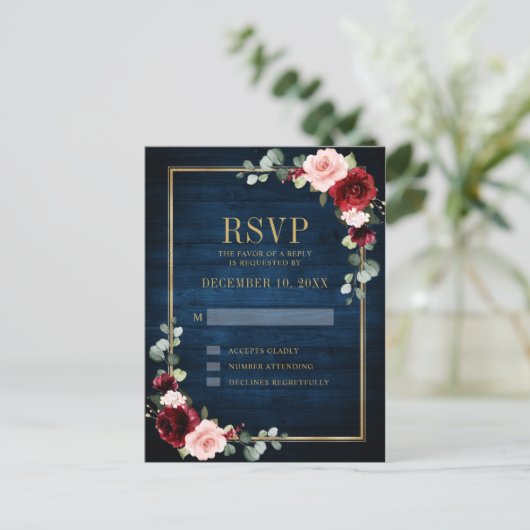 Bourgogne Bloemen Goud Lijst Navy Blauw Bruiloft Briefkaart (Staand voorkant)