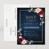 Bourgogne Bloemen Goud Lijst Navy Blauw Bruiloft Briefkaart (Voorkant / Achterkant)