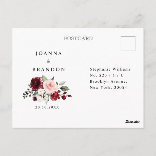 Bourgogne Bloemen Goud Lijst Navy Blauw Bruiloft Briefkaart (Achterkant)