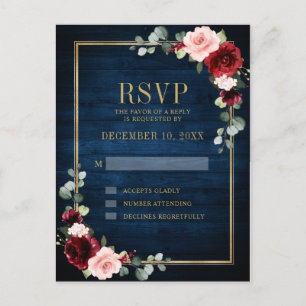 Bourgogne Bloemen Goud Lijst Navy Blauw Bruiloft Briefkaart