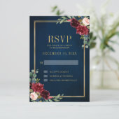 Bourgogne Bloemen Goud Lijst Navy Blauw Bruiloft RSVP Kaartje (Staand voorkant)
