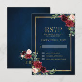 Bourgogne Bloemen Goud Lijst Navy Blauw Bruiloft RSVP Kaartje (Voorkant / Achterkant)