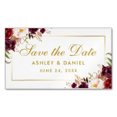 Bourgogne Bloemen Goud Save The Date Mini Magnet Magnetisch Visitekaartje (Voorkant)