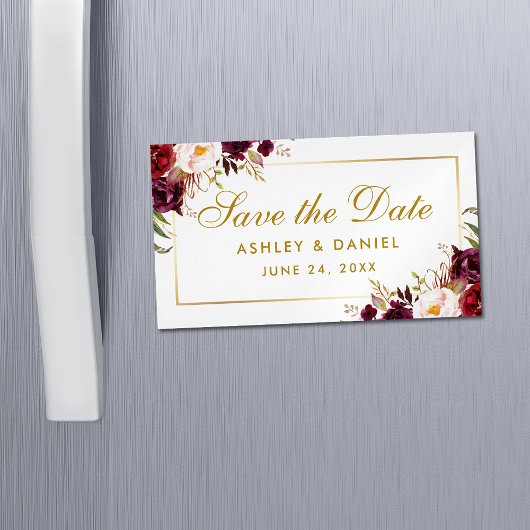 Bourgogne Bloemen Goud Save The Date Mini Magnet Magnetisch Visitekaartje