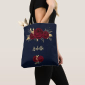 Bourgogne Bloemen Gouden bladeren Marine Tote Bag (Dichtbij)