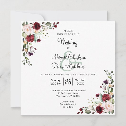 Bourgogne Bloemen Gouden Folie Vierkant Bruiloft Kaart (Voorkant)