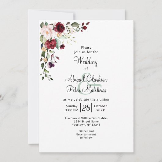 Bourgogne Bloemen Gouden Folie Waterverf Bruiloft Kaart (Voorkant)