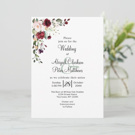 Bourgogne Bloemen Gouden Folie Waterverf Bruiloft Kaart (Staand voorkant)