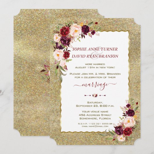 Bourgogne Bloemen Gouden Glitter Trouwavond Kaart (Voorkant / Achterkant)