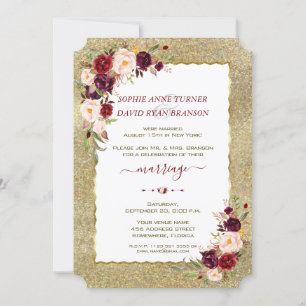Bourgogne Bloemen Gouden Glitter Trouwavond Kaart