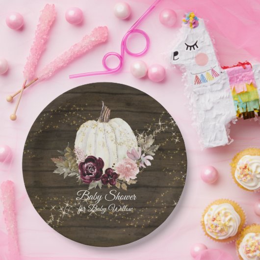 Bourgogne Bloemen Gouden Pompoen Rustiek Baby show Papieren Bordje (Feest)