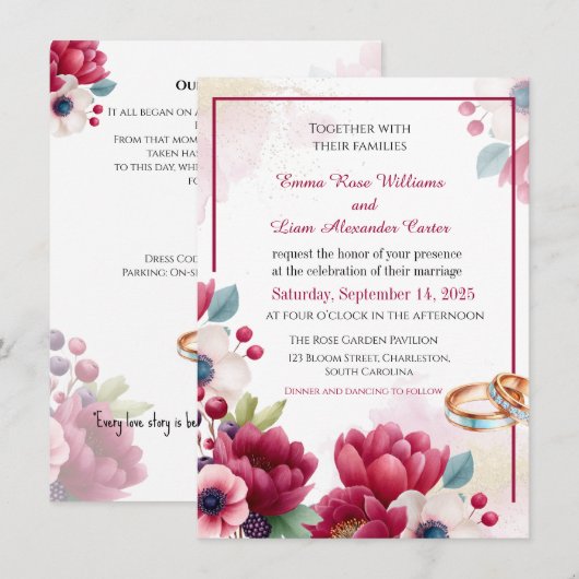 Bourgogne Bloemen & Gouden Ringen Elegante bruilof Kaart (Voorkant / Achterkant)