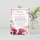 Bourgogne Bloemen & Gouden Ringen Elegante bruilof Kaart (Staand voorkant)