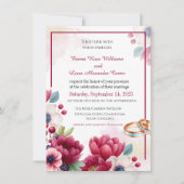 Bourgogne Bloemen & Gouden Ringen Elegante bruilof Kaart (Voorkant)