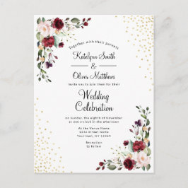 Bourgogne Bloemen Goudfolie Waterverf Bruiloft Uitnodiging Briefkaart